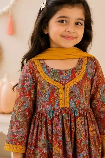 Girls red paisley kurta set