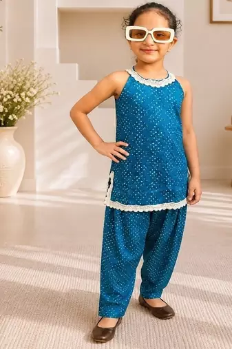 Girls teal bandhej kurti set