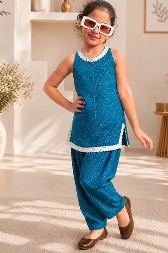 Girls teal bandhej kurti set