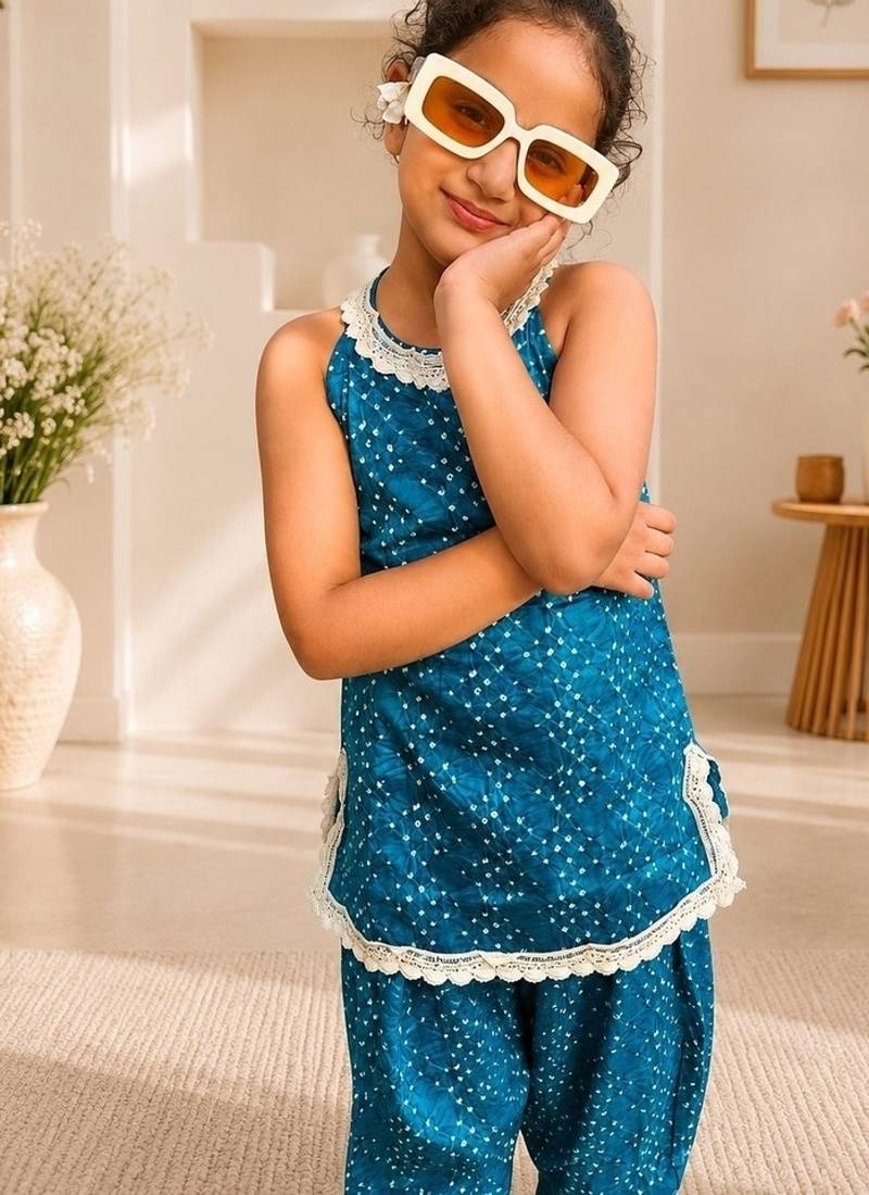 Girls teal bandhej kurti set