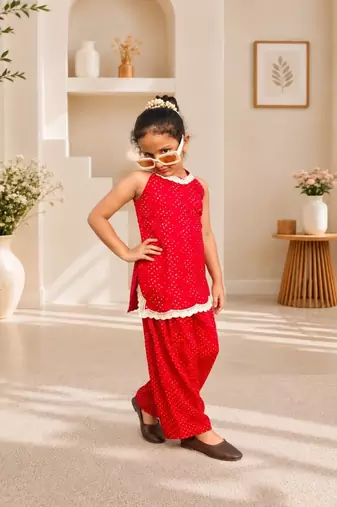 Rani pink bandhej kurti set