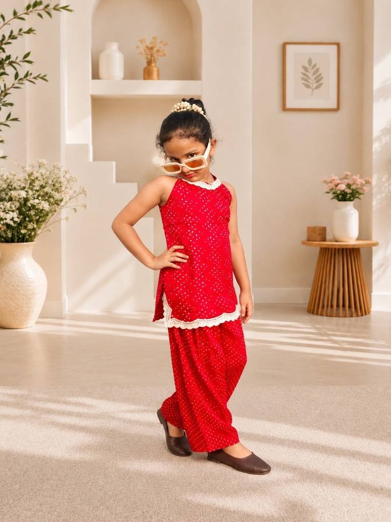 Rani pink bandhej kurti set