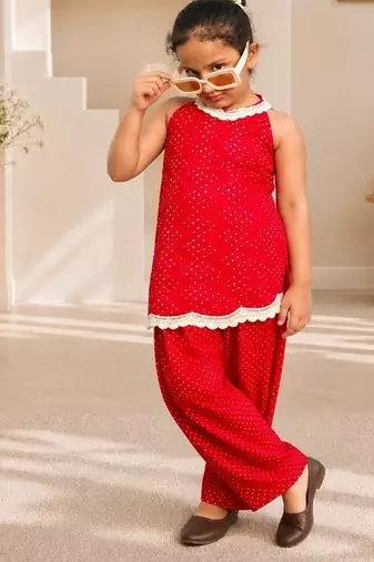 Rani pink bandhej kurti set