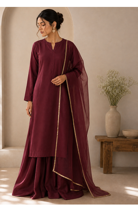 Wine cotton plain casual kurta set with dupatta for women 1