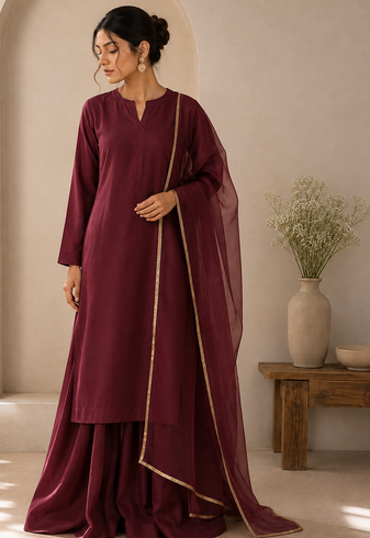 Wine cotton plain casual kurta set with dupatta for women