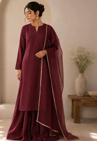 Wine cotton plain casual kurta set with dupatta for women
