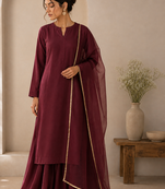 Wine cotton plain casual kurta set with dupatta for women