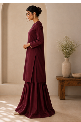 Wine cotton plain casual kurta set with dupatta for women 2