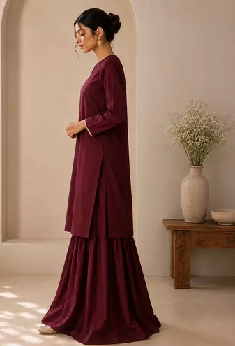 Wine cotton plain casual kurta set with dupatta for women