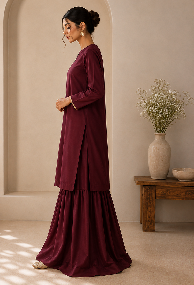 Wine cotton plain casual kurta set with dupatta for women