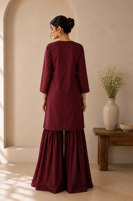 Wine cotton plain casual kurta set with dupatta for women 3