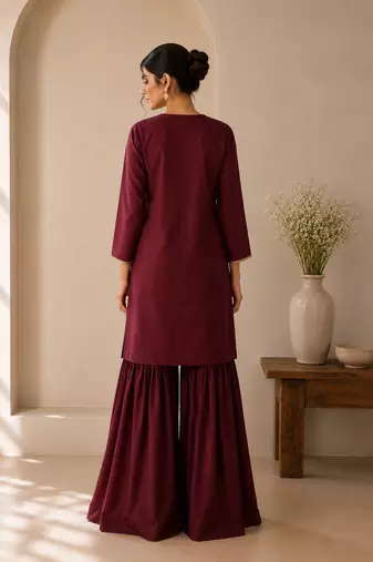 Wine cotton plain casual kurta set with dupatta for women