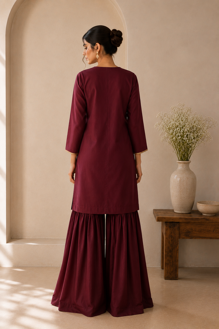Wine cotton plain casual kurta set with dupatta for women