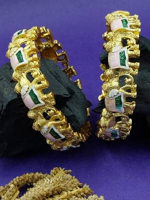 Gold plated meenakari elephant bangles set of 2 | handpainted enamel elephant motif kada kangan for women & girls 1