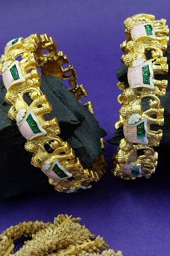 Gold plated meenakari elephant bangles set of 2 | handpainted enamel elephant motif kada kangan for women & girls