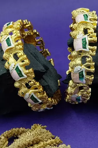 Gold plated meenakari elephant bangles set of 2 | handpainted enamel elephant motif kada kangan for women & girls