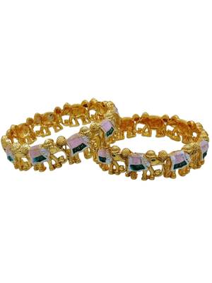 Gold plated meenakari elephant bangles set of 2 | handpainted enamel elephant motif kada kangan for women & girls 2