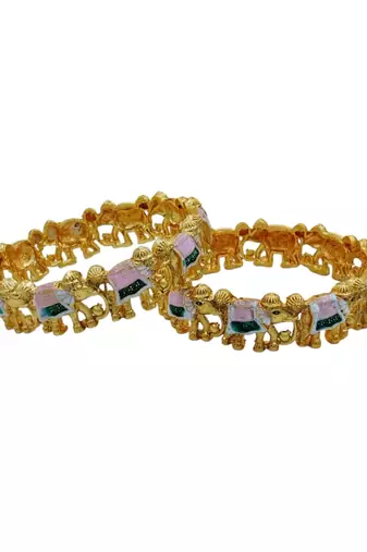 Gold plated meenakari elephant bangles set of 2 | handpainted enamel elephant motif kada kangan for women & girls