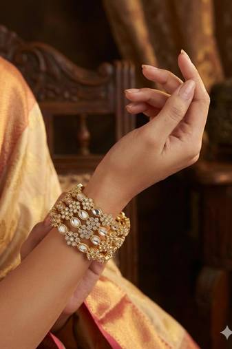 Gold-plated kundan & cubic zirconia studded bangle set for women (pack of 4)