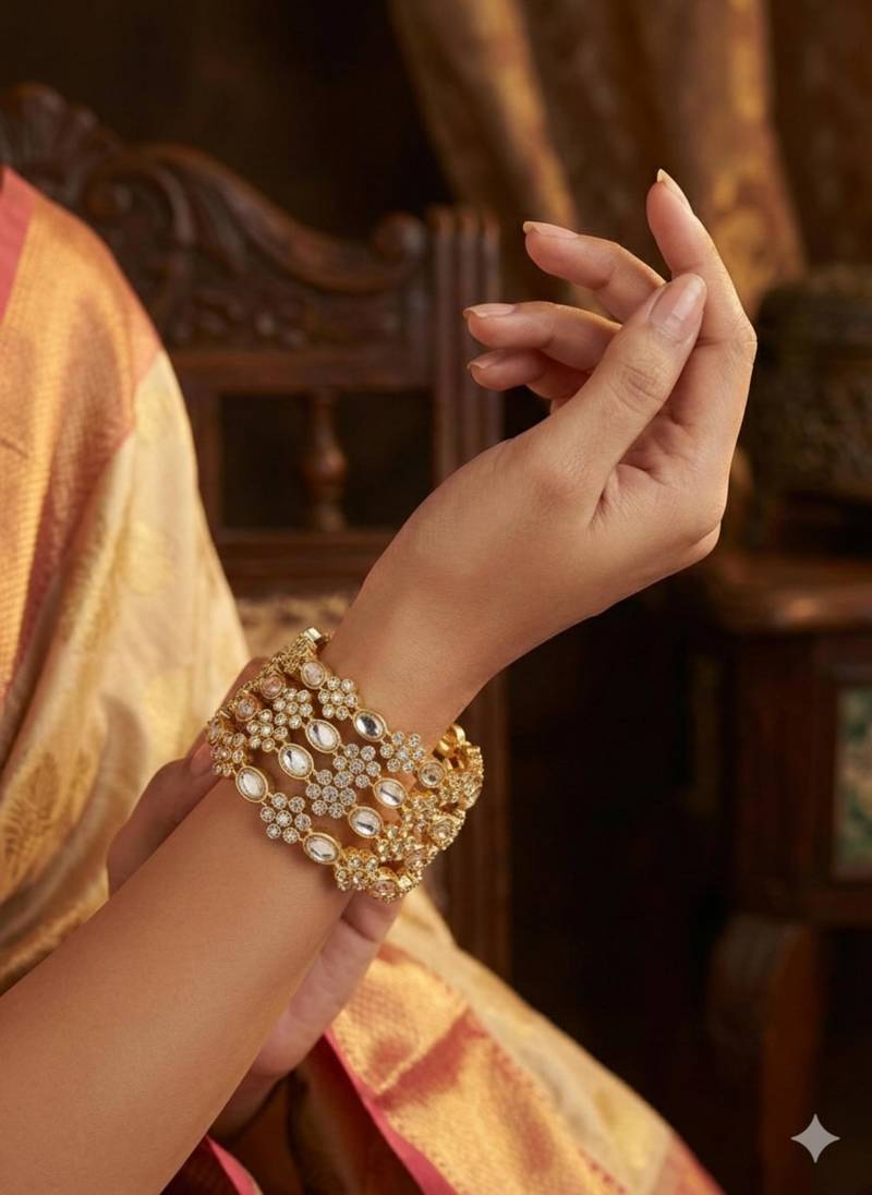 Gold-plated kundan & cubic zirconia studded bangle set for women (pack of 4)