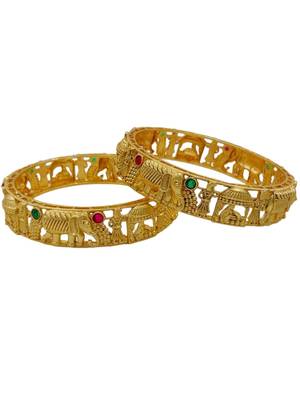 Gold plated temple jewellery elephant motif bangles set of 2 | matte antique royal baraat design kada kangan for women 2