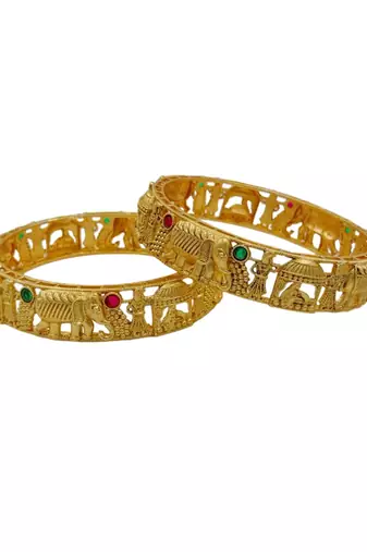 Gold plated temple jewellery elephant motif bangles set of 2 | matte antique royal baraat design kada kangan for women