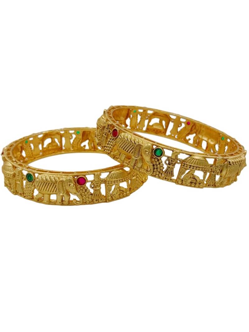 Gold plated temple jewellery elephant motif bangles set of 2 | matte antique royal baraat design kada kangan for women