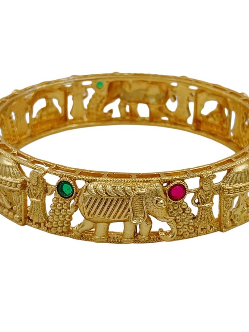 Gold plated temple jewellery elephant motif bangles set of 2 | matte antique royal baraat design kada kangan for women