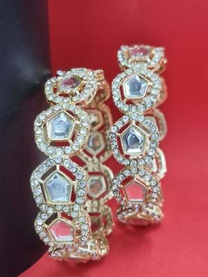 Gold-plated geometric kundan & cz stone studded bangle set of 2 for women 1