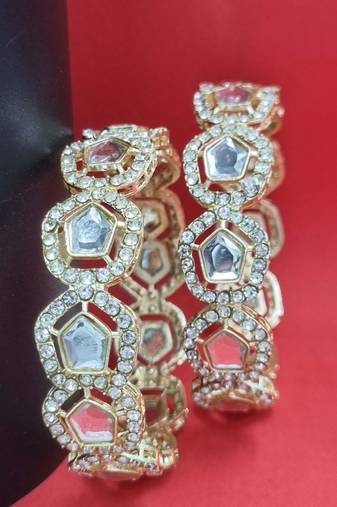 Gold-plated geometric kundan & cz stone studded bangle set of 2 for women