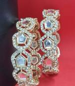 Gold-plated geometric kundan & cz stone studded bangle set of 2 for women