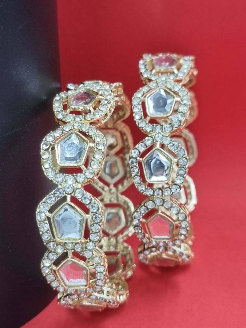 Gold-plated geometric kundan & cz stone studded bangle set of 2 for women