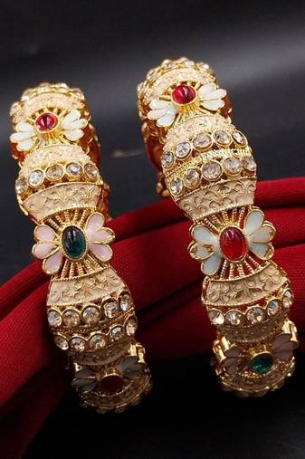 Gold plated floral meenakari bangles set of 2 with ruby green stones & cubic zirconia