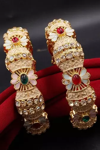 Gold plated floral meenakari bangles set of 2 with ruby green stones & cubic zirconia