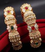 Gold plated floral meenakari bangles set of 2 with ruby green stones & cubic zirconia