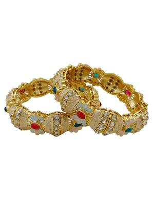 Gold plated floral meenakari bangles set of 2 with ruby green stones & cubic zirconia 2