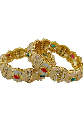 Gold plated floral meenakari bangles set of 2 with ruby green stones & cubic zirconia