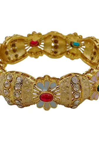 Gold plated floral meenakari bangles set of 2 with ruby green stones & cubic zirconia