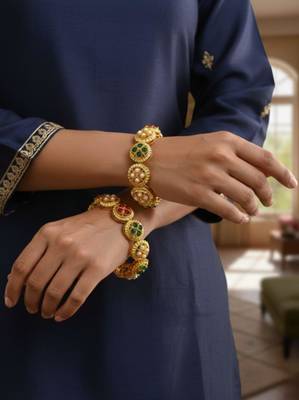 Ethnic gold plated red green stone & pearl studded bangle set | festive wear jewellery (set of 2) 1