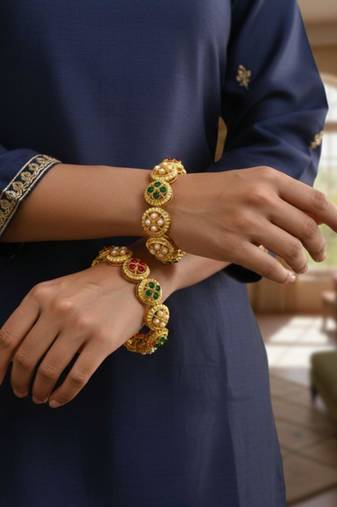 Ethnic gold plated red green stone & pearl studded bangle set | festive wear jewellery (set of 2)