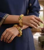 Ethnic gold plated red green stone & pearl studded bangle set | festive wear jewellery (set of 2)
