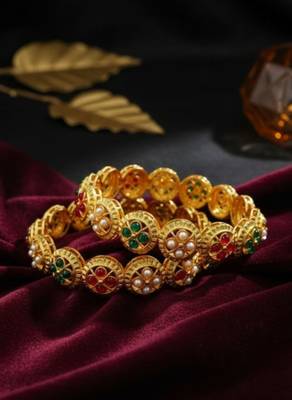 Ethnic gold plated red green stone & pearl studded bangle set | festive wear jewellery (set of 2) 2