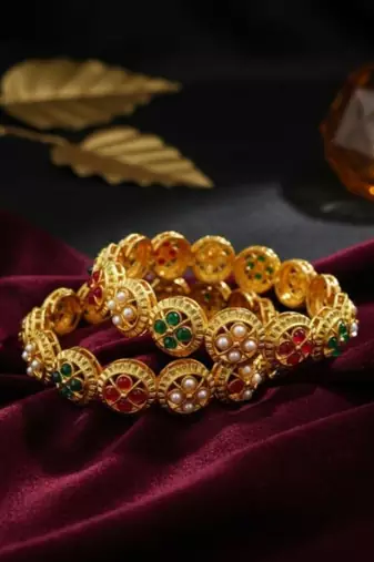 Ethnic gold plated red green stone & pearl studded bangle set | festive wear jewellery (set of 2)