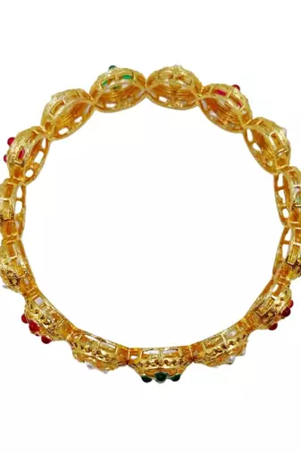 Ethnic gold plated red green stone & pearl studded bangle set | festive wear jewellery (set of 2)