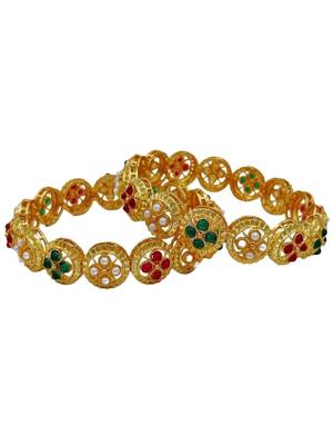 Ethnic gold plated red green stone & pearl studded bangle set | festive wear jewellery (set of 2) 4
