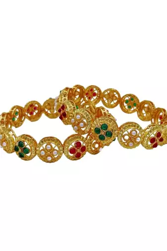 Ethnic gold plated red green stone & pearl studded bangle set | festive wear jewellery (set of 2)