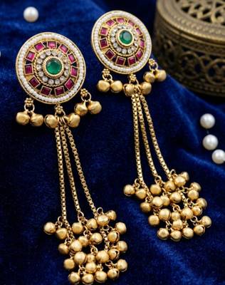 Women gold-toned & pink antique kashmiri floral stud earrings with ghungroo drop tassels 1