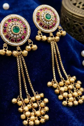 Women gold-toned & pink antique kashmiri floral stud earrings with ghungroo drop tassels