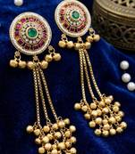 Women gold-toned & pink antique kashmiri floral stud earrings with ghungroo drop tassels