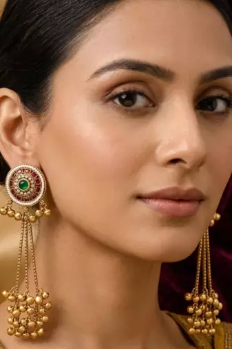 Women gold-toned & pink antique kashmiri floral stud earrings with ghungroo drop tassels